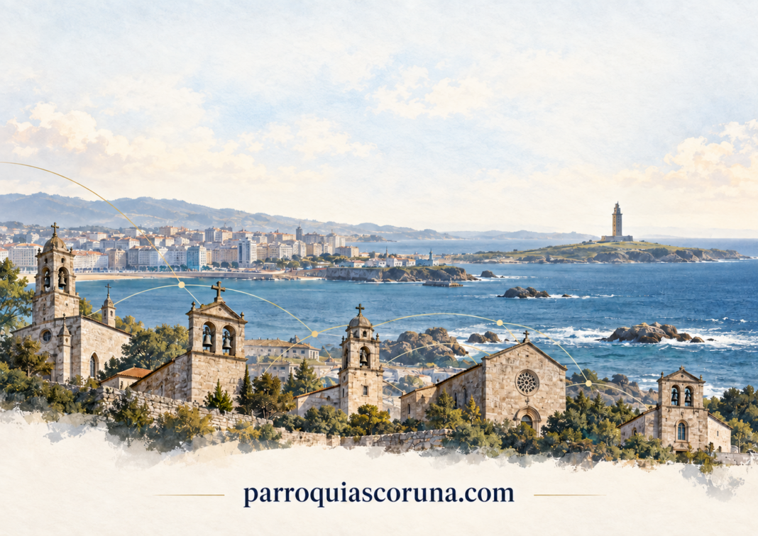 Paisaje costero con Torre e iglesias